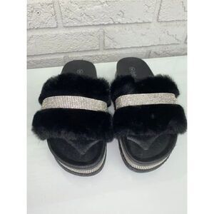 Babe Black & Rhinestone Platform Faux Fur Slides Size 8